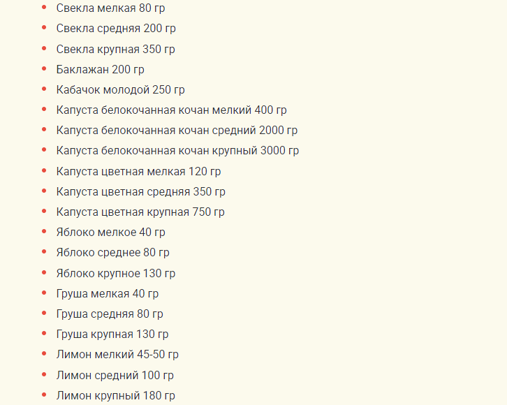Вес овощей