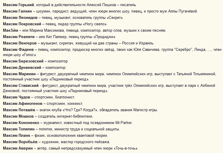 Известные люди, знаменитости с именем