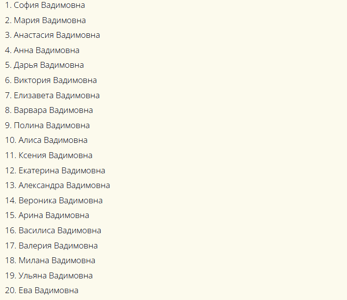 Русские имена, которые подходят для девочки с отчеством вадимовна