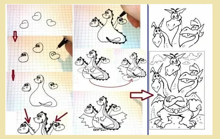Рисуем дракона с тремя головами поэтапно