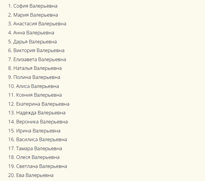 Красивые русские женские имена, созвучные к отчеству валерьевна