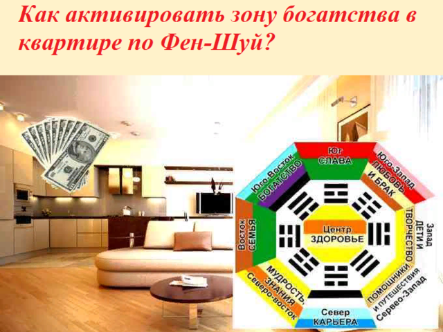 Как активировать и усилить зону богатства в квартире по Фен-Шуй? Как определить в какой комнате денежный сектор в квартире по Фен-Шуй и какой его цвет?