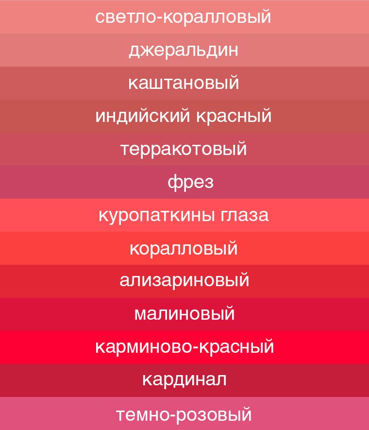 Палитра красного цвета оттенки