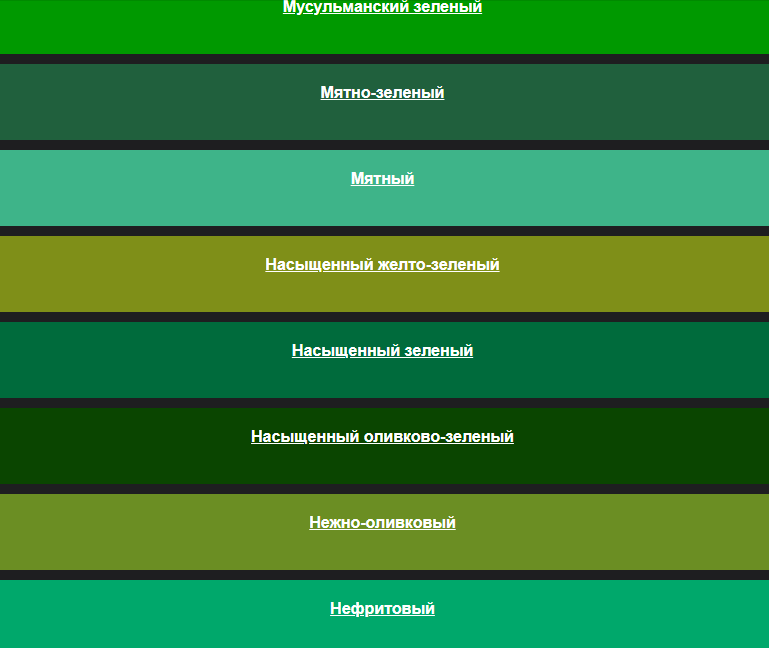 Палитра зеленых оттенков с названиями