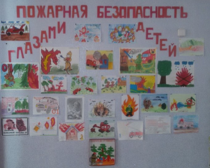 Collage from children's drawings on fire safety.