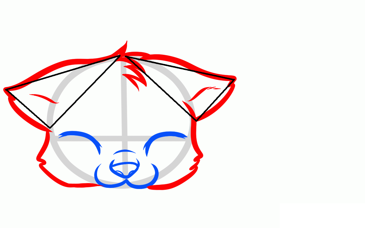 Как нарисовать красиво лежащую кошку: вспомогательные линии для ушей и щек (шаг 5).