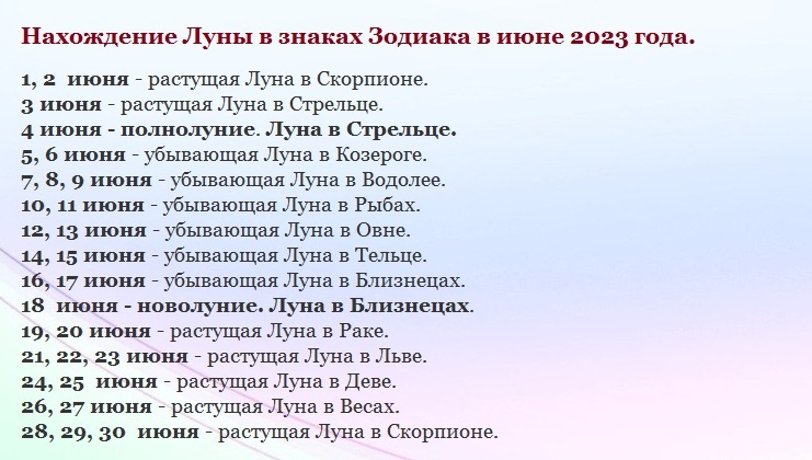 Лунарни календар за јун 2023