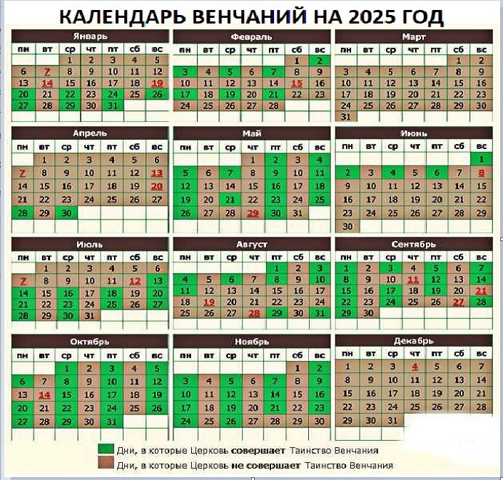 Православный календарь венчаний на 2025 год
