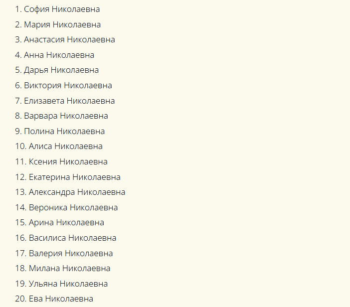 Olyan nevek, amelyek szépen hangzik a Patrómikus Nikolaevna számára