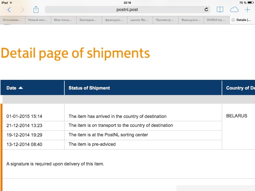 Tako izgleda oblika sledenja paketov na spletni strani Nizozemske pošte