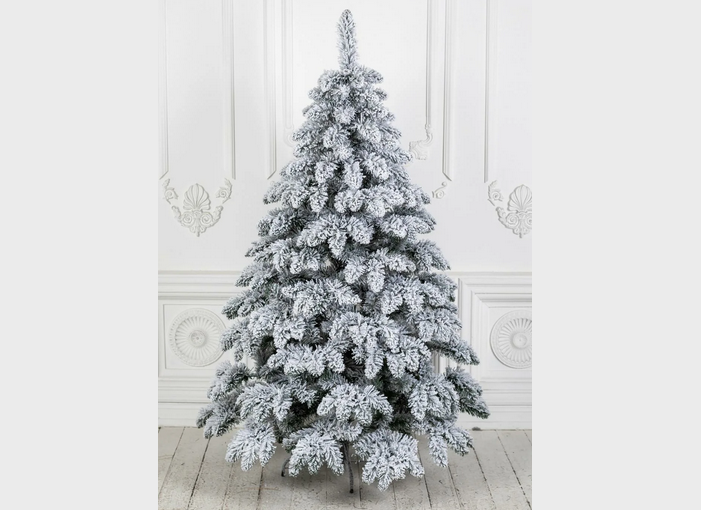 A snowy artificial Christmas tree