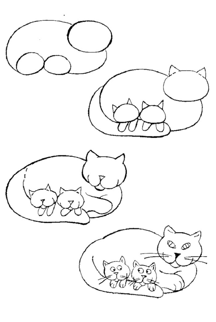 Как красиво нарисовать кошку с котятами: простой детский рисунок.