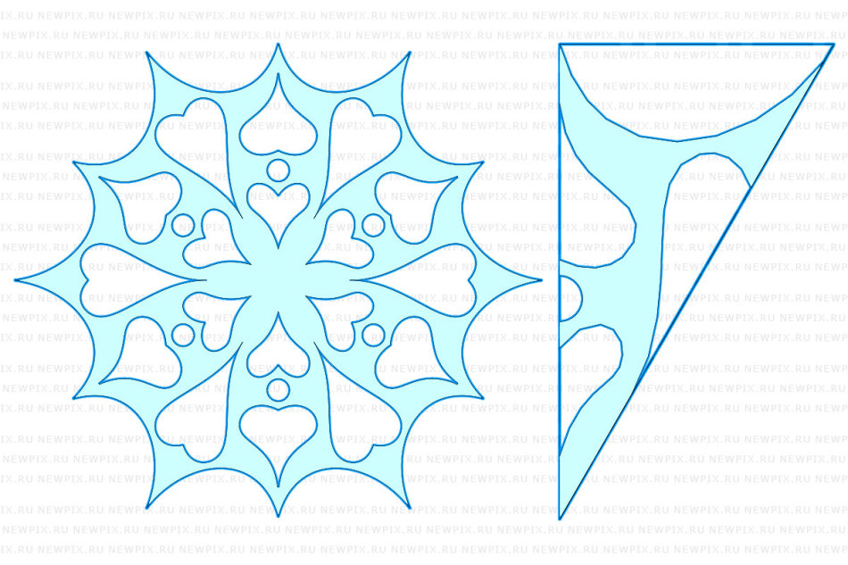 Finished snowflake and pattern diagram for cutting it, option 7