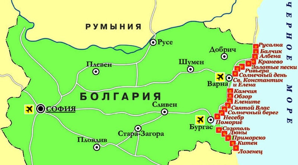Bulgária üdülőhelyek térképe