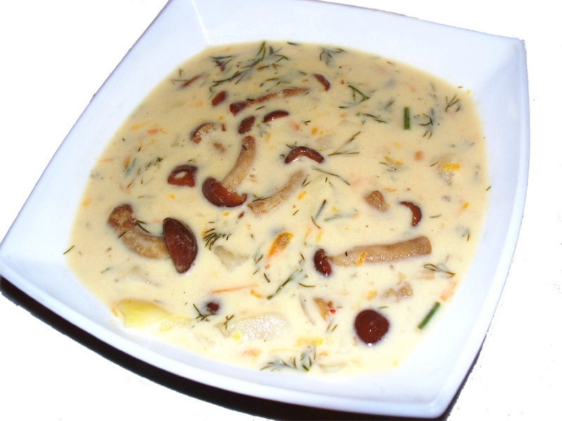 Soup with cheese and mushrooms.