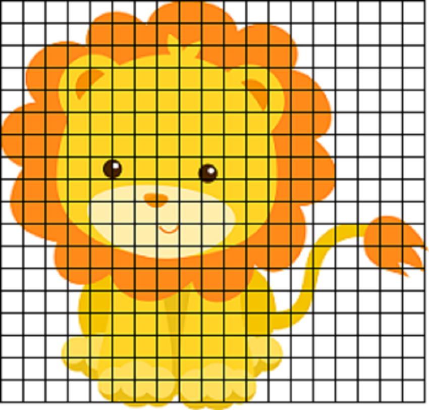 Лев с оранжевой гривой, нарисованный по клеточкам