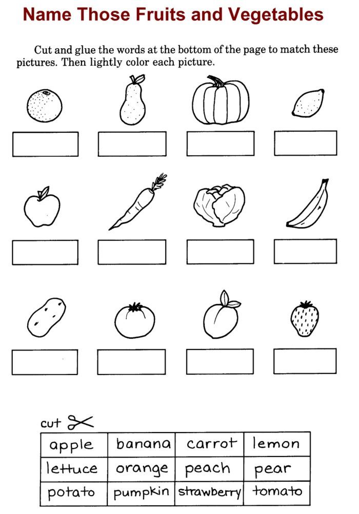 Задание: напиши названия фруктов и овощей, раскрась их и назови их цвета правильно