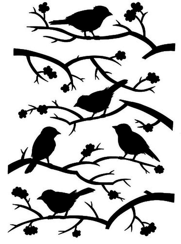 Фигуры птиц на ветках для цветного наненсения на окна