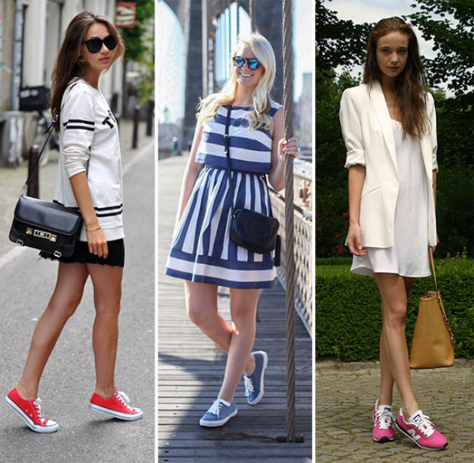 The combination of dresses and sneakers