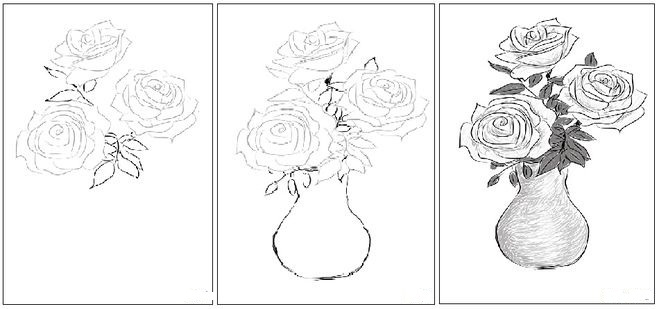 Ваза с розами, нарисованная карандашом.