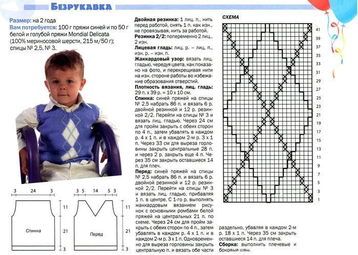 Πώς να πλέκει ένα γιλέκο για ένα αγόρι 2 - 3 χρόνια με βελόνες πλέξιμο: διάγραμμα, περιγραφή
