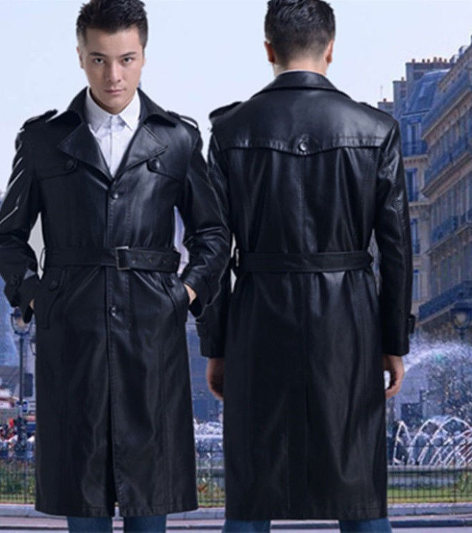 Black leather cloak is long with a belt for a young man - Spring season, autumn 2022-2023