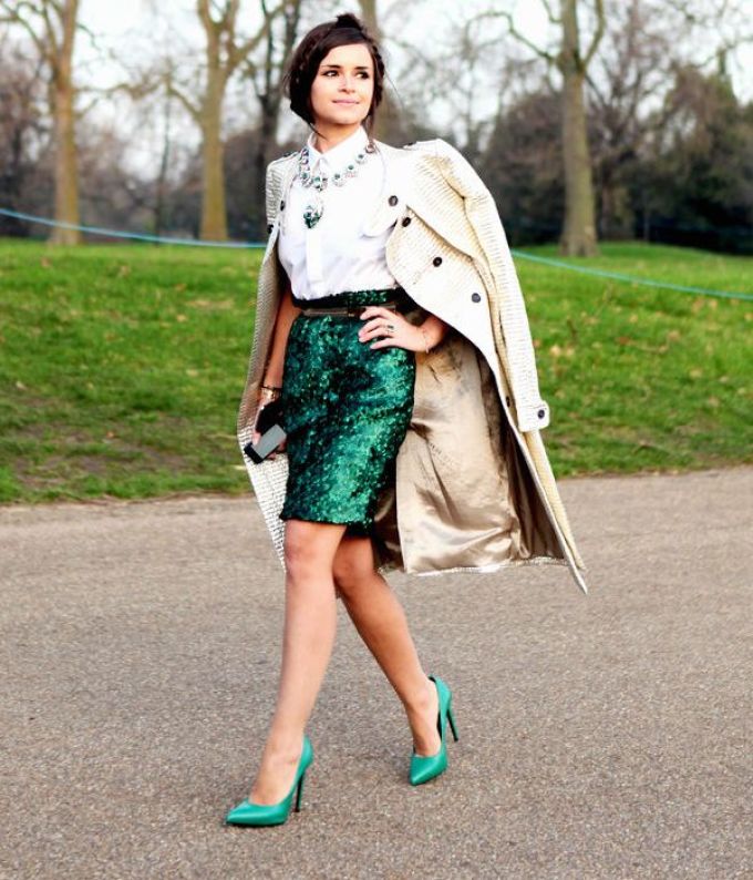 White blouse, a bright green skirt with green shoes - spectacular