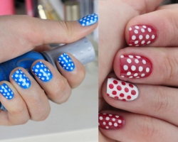 Original manicure - pea nails. Design of red, black, white and pink nails in polka dots