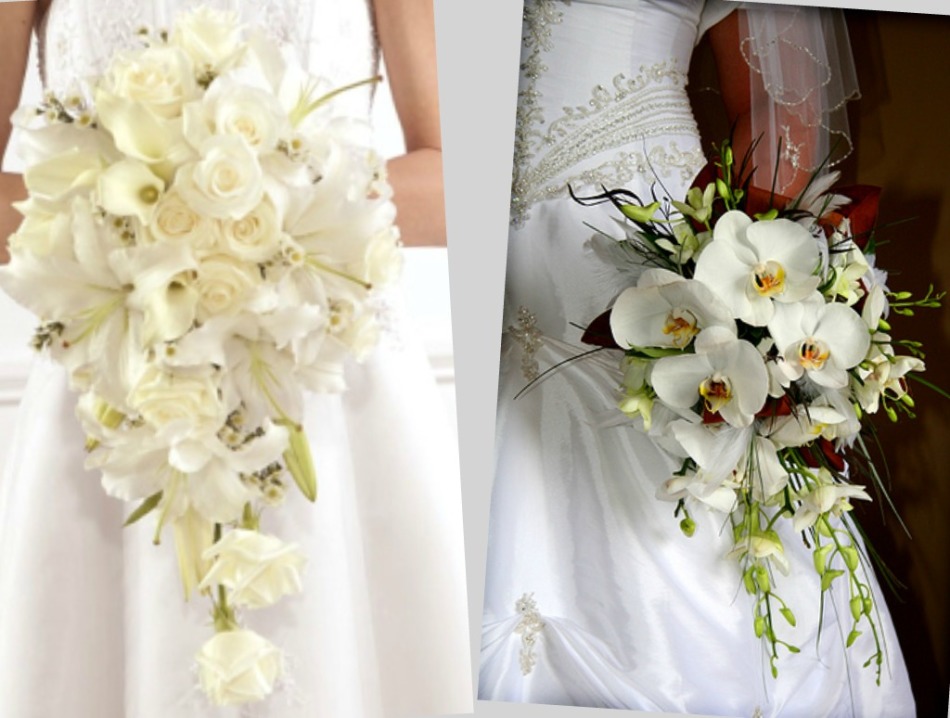 Beli poročni šopek v obliki slapa