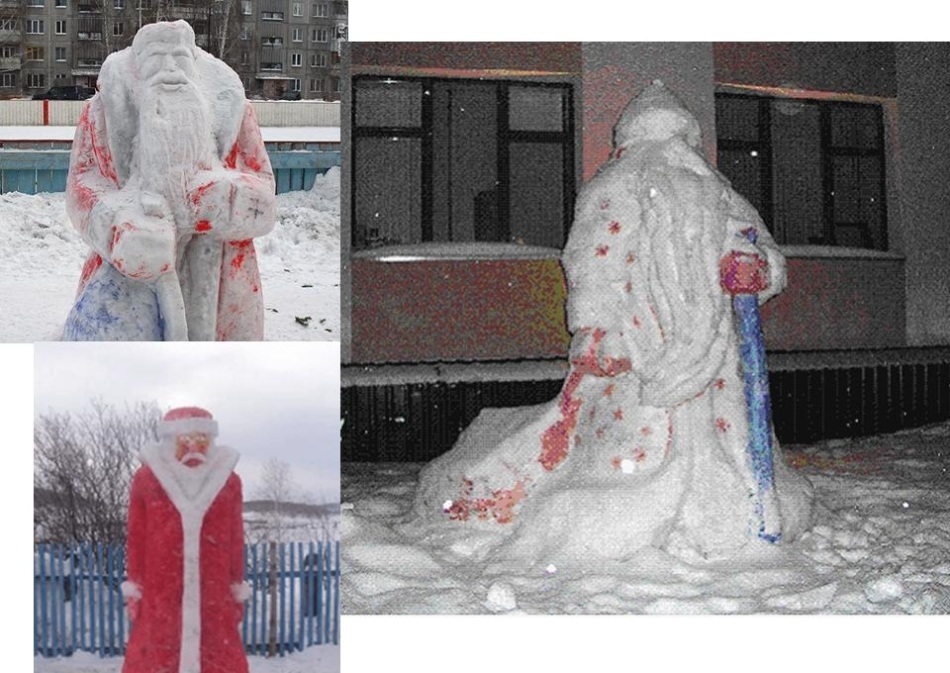 Несколько фото готовых фигур деда мороза, слепленных из снега