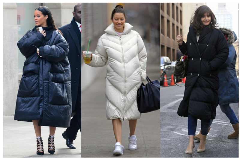 Stylish street fashion for the winter for women in down jackets, winter coats