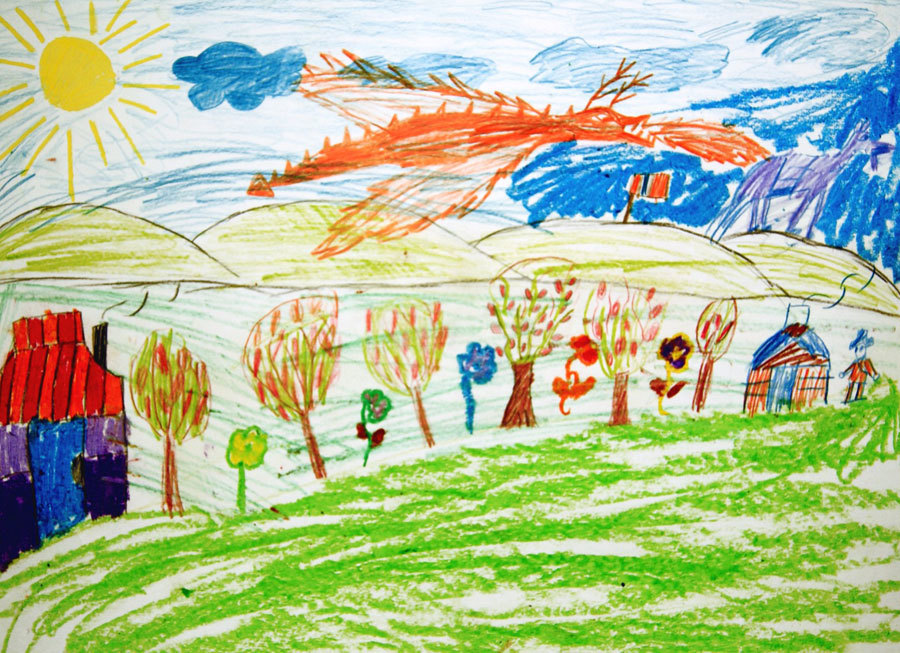 Red dragon in children's drawing