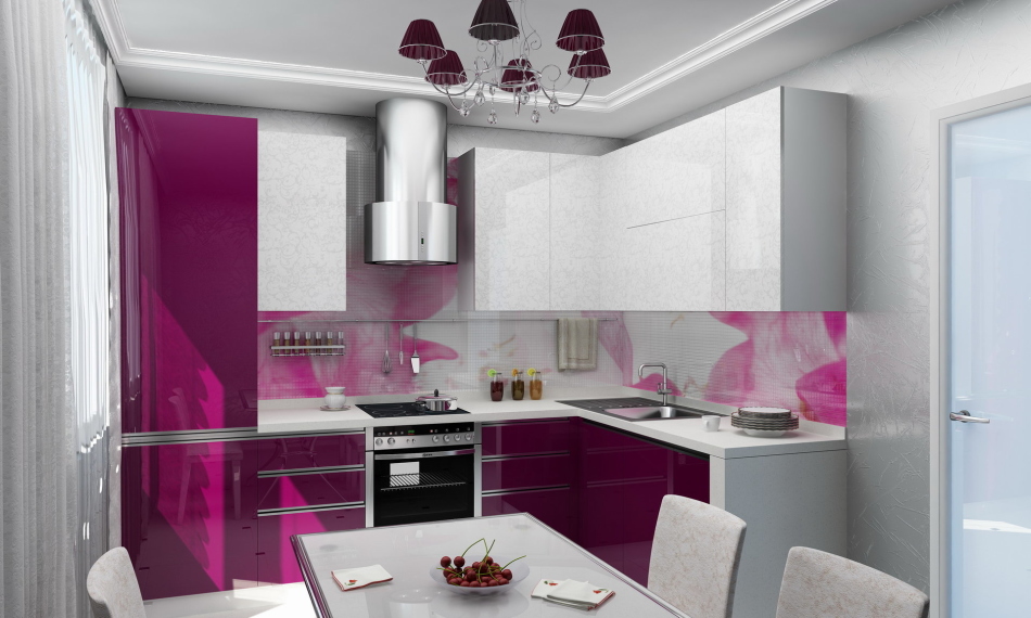 Kitchen with fuchsia -colored furniture