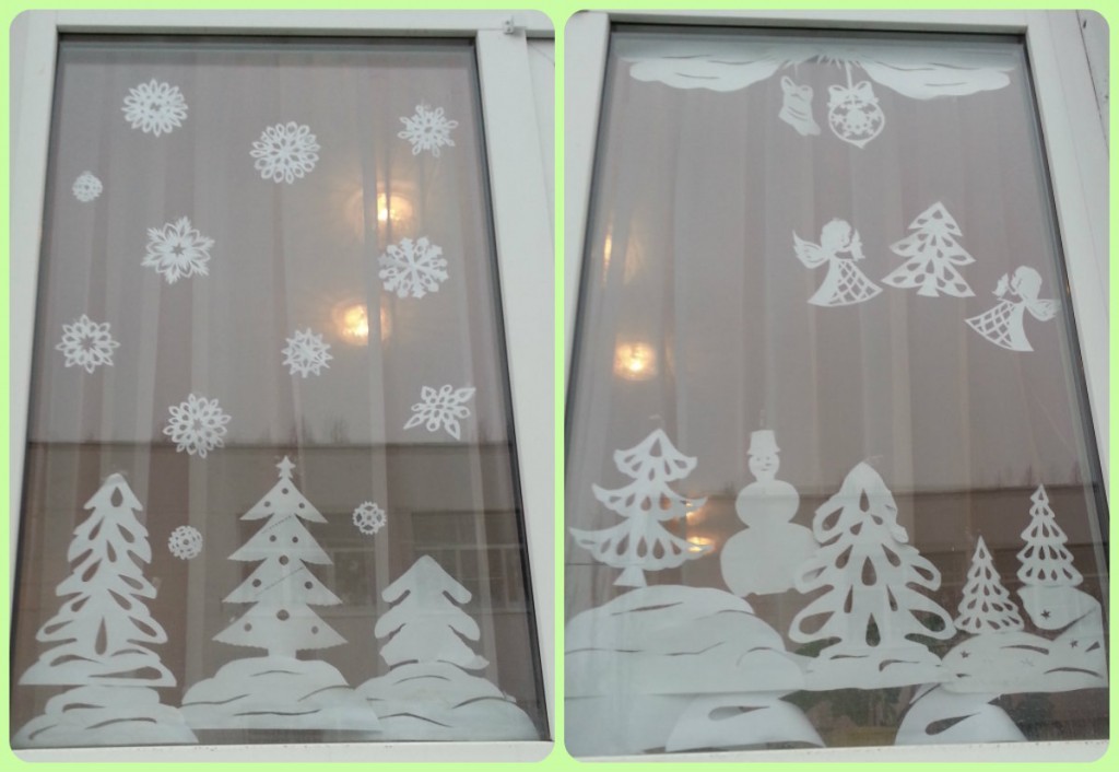 Украшенное окно детского сада новогодними фигурками