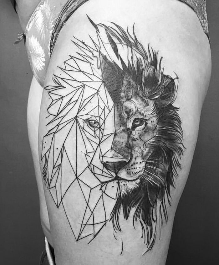 Рисунок (на 50% геометрия) на бедре - женское тату льва