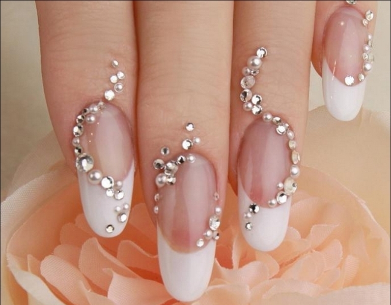 Wedding manicure decorated with rhinestones