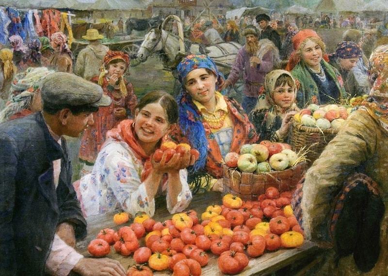 На руси всегда считалось, что есть яблоки полезно. картина "колхозный базар" федота сычкова