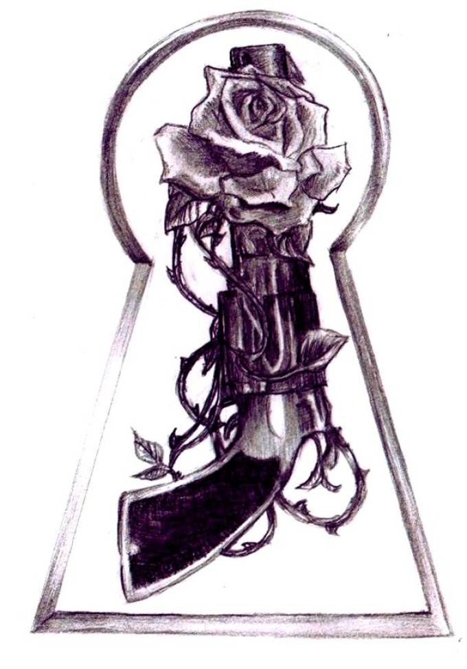 Sketch of tattoos on the shoulder in the form of a pistol with a rose