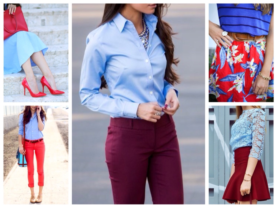 The combination of blue and burgundy in the wardrobe
