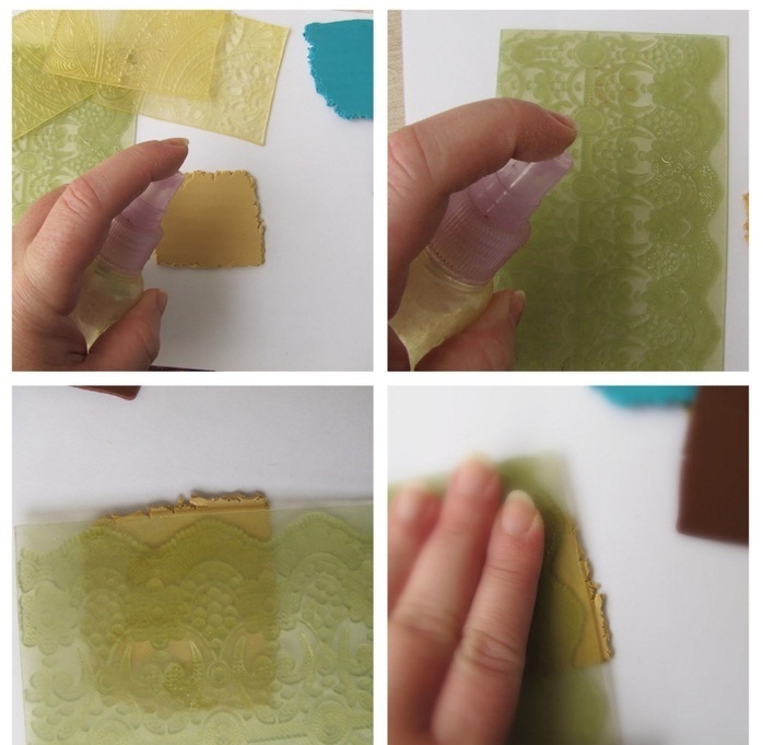 Polimerna glina se valja v plast, nanjo nanesemo čipka