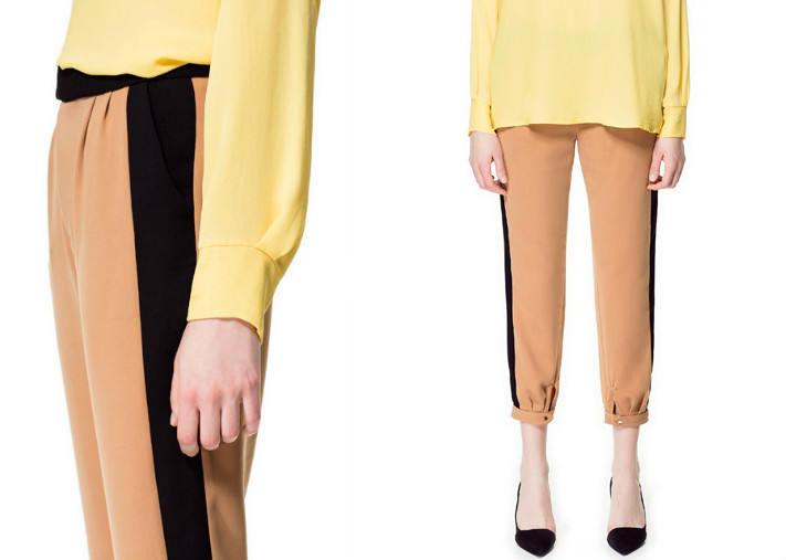 Version raccourcie de pantalon beige avec rayures