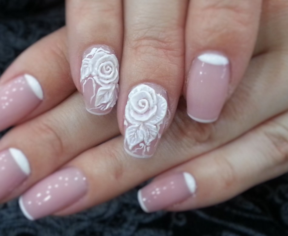 French manicure with a volumetric rose effect