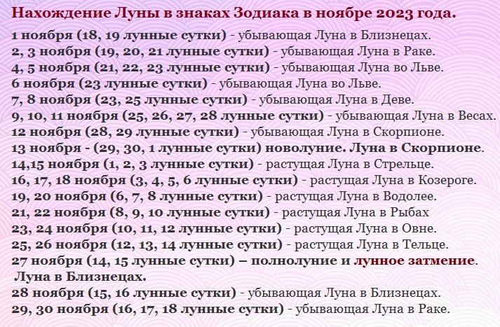 Calendrier du jour lunaire pour novembre 2023