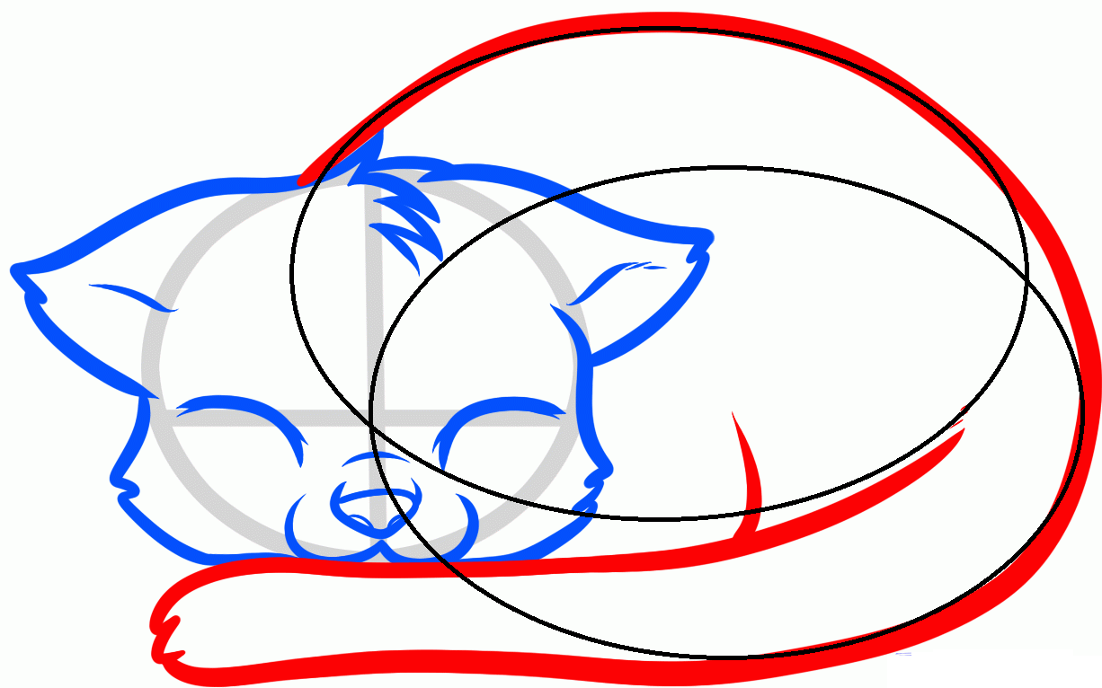 Как нарисовать красиво лежащую кошку: вспомогательные линии для рисования тела кошки (шаг 7).