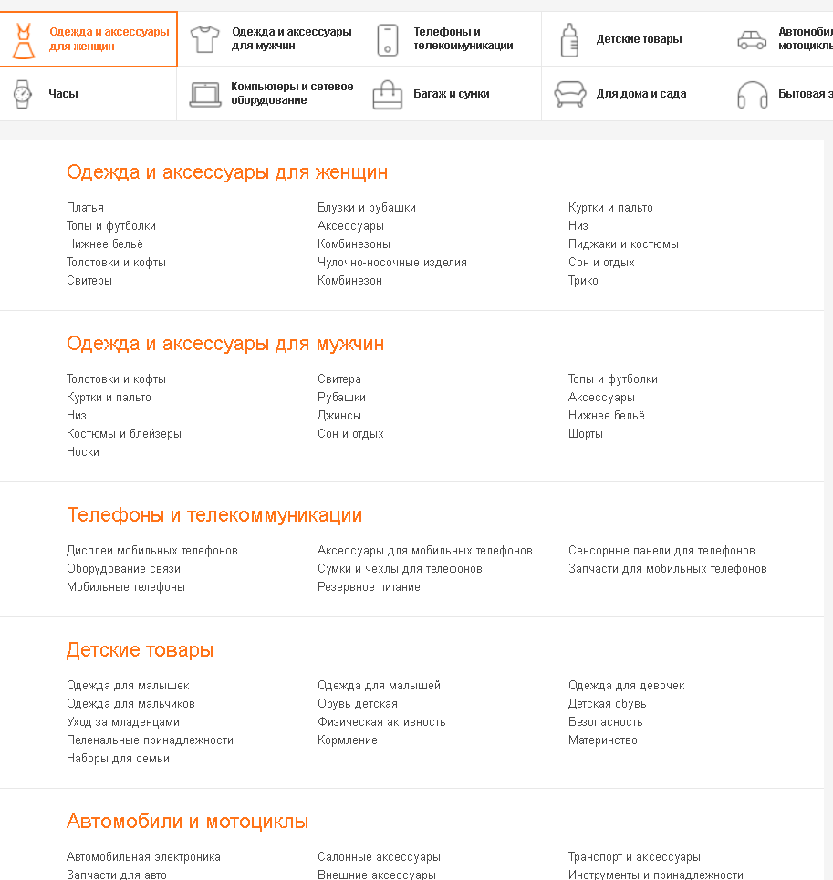 Неполный список категорий товаров сайта аликспресс