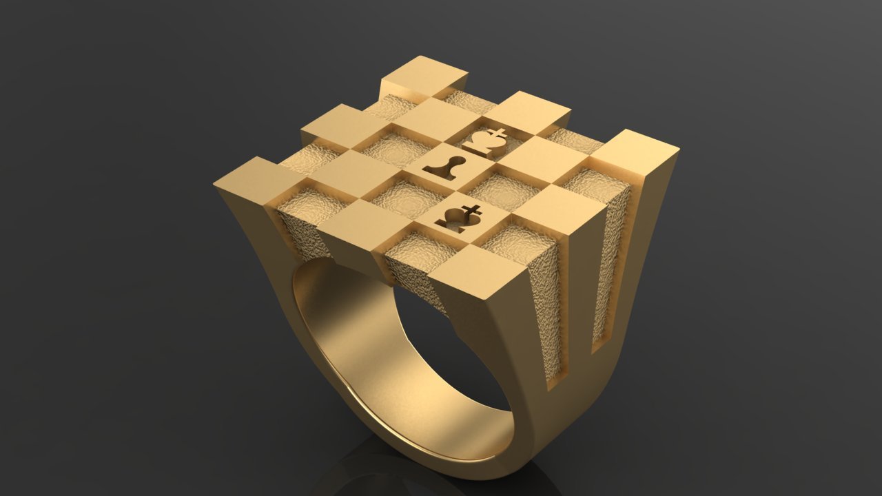 Golden men's ring in the form of a chessboard