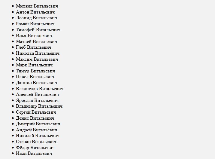 Daftar nama yang cocok untuk vitalyevich patronimik, memengaruhi nasib anak laki -laki itu