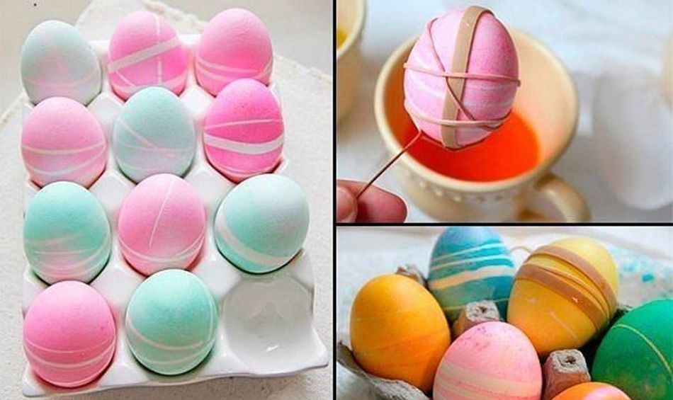 Painting eggs with dyes using elastic bands for money