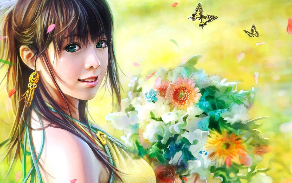 Lány egy csokor nyári virágokkal