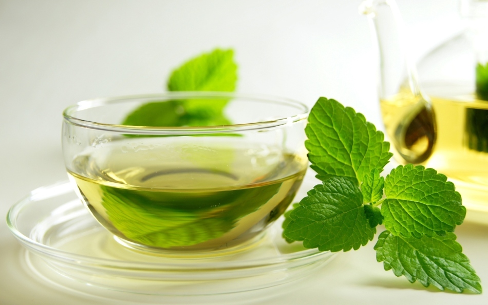 Secangkir teh hijau harum dengan daun mint
